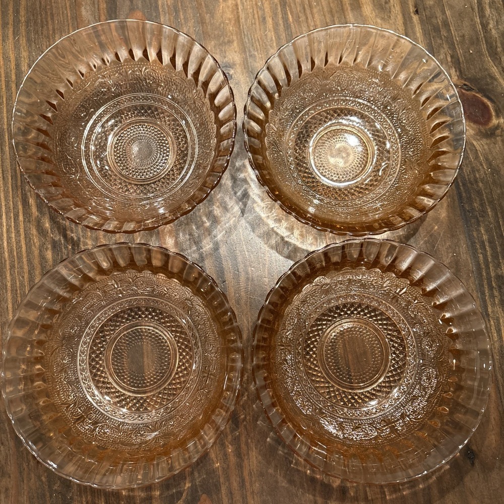 4 Vintage Pink Depression Glass Bowl, Diamond, Trellis & Fleur de Lis Pattern 7"